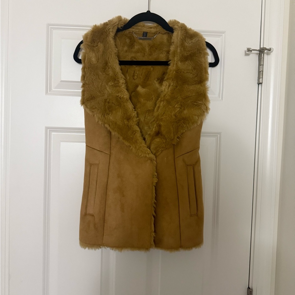 White House Black Market Tan Faux Fur Suede Vest